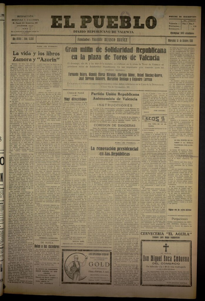 Miniatura de El Pueblo : Diario republicano de Valencia del 15 de octubre de 1930, nº 13266