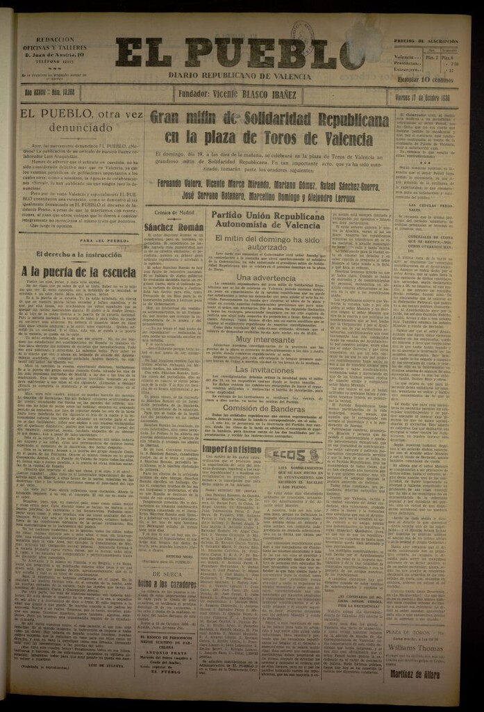 Miniatura de El Pueblo : Diario republicano de Valencia del 17 de octubre de 1930, nº 13268