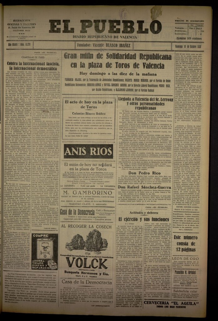 Miniatura de El Pueblo : Diario republicano de Valencia del 19 de octubre de 1930, nº 13270