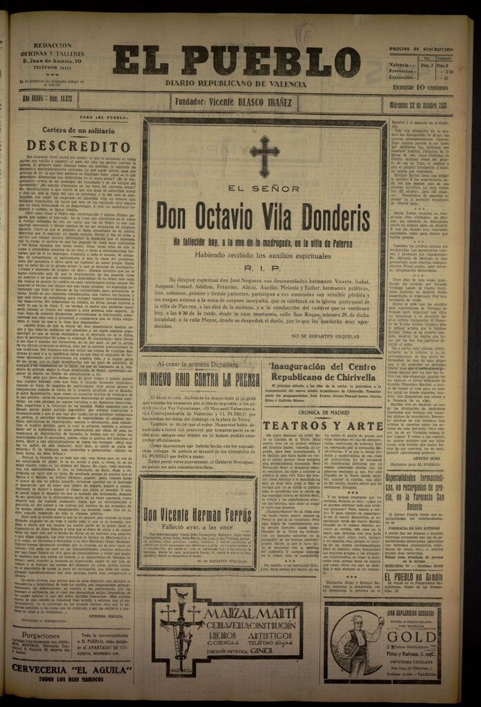 Miniatura de El Pueblo : Diario republicano de Valencia del 22 de octubre de 1930, nº 13272