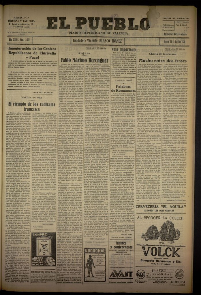 Miniatura de El Pueblo : Diario republicano de Valencia del 23 de octubre de 1930, nº 13273