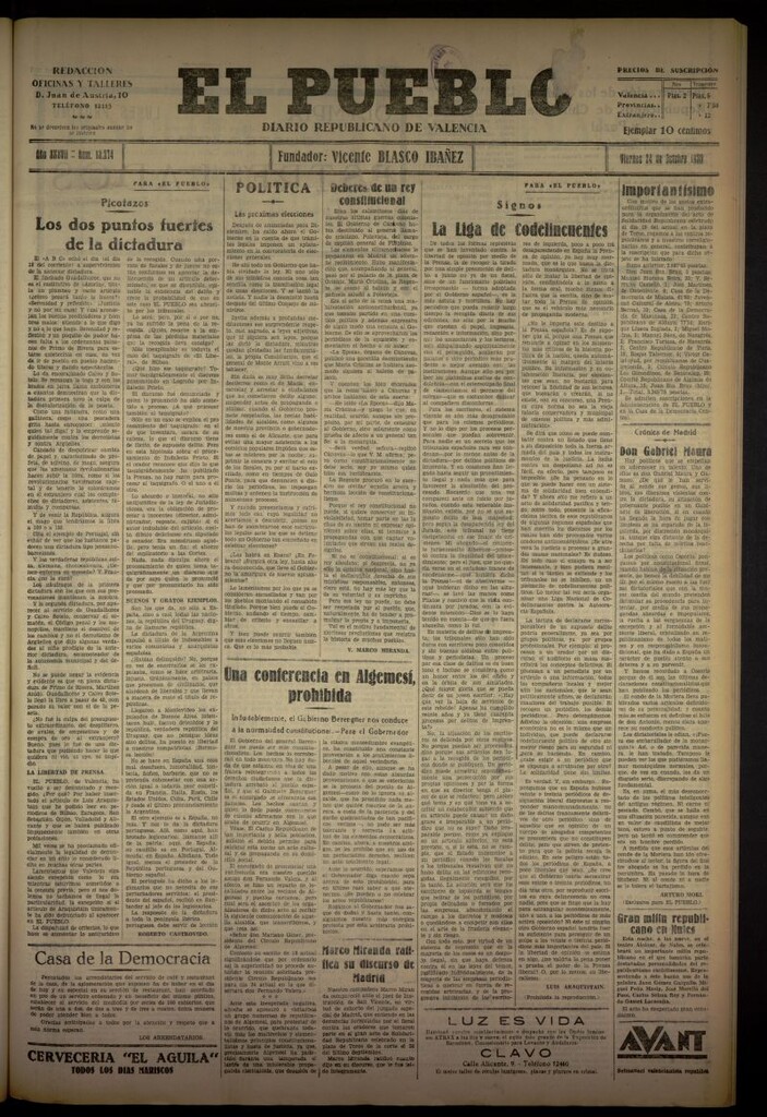 Miniatura de El Pueblo : Diario republicano de Valencia del 24 de octubre de 1930, nº 13274