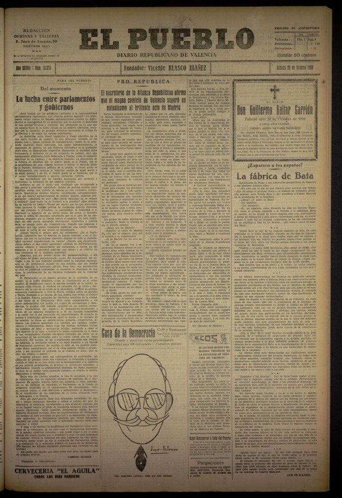 Miniatura de El Pueblo : Diario republicano de Valencia del 25 de octubre de 1930, nº 13275