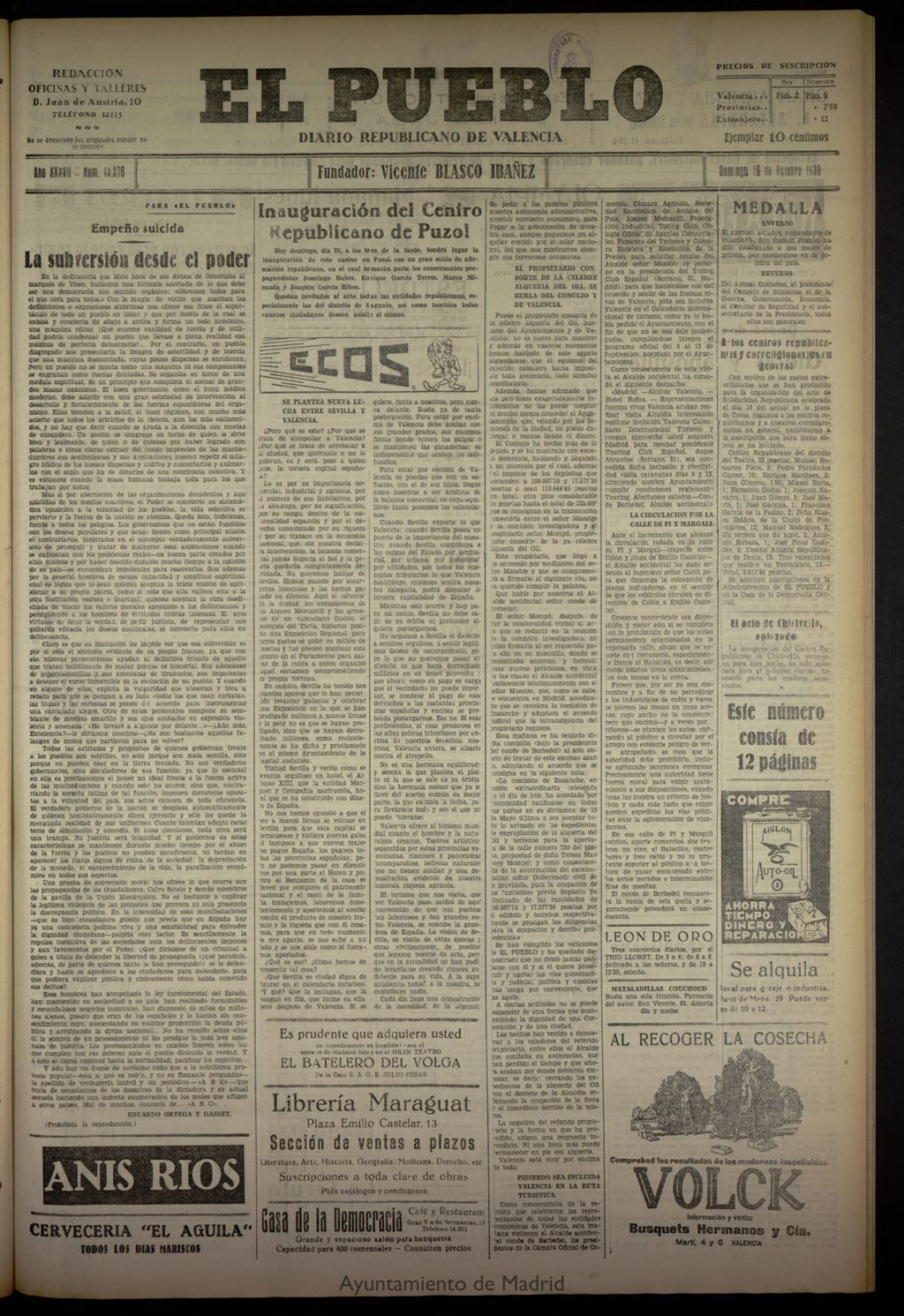 Miniatura de El Pueblo : Diario republicano de Valencia del 26 de octubre de 1930, nº 13276