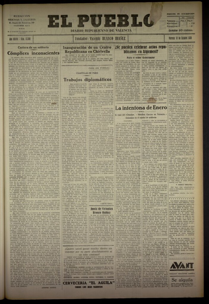 Miniatura de El Pueblo : Diario republicano de Valencia del 31 de octubre de 1930, nº 13280