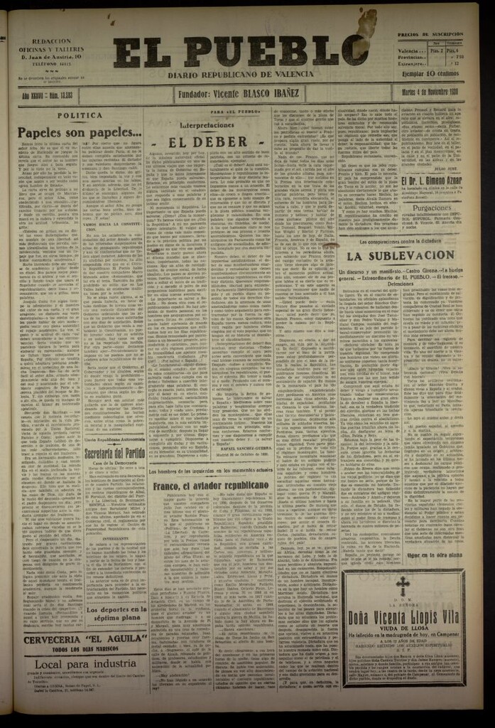 Miniatura de El Pueblo : Diario republicano de Valencia del 4 de noviembre de 1930, nº 13283