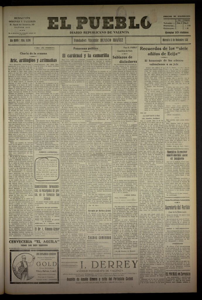 Miniatura de El Pueblo : Diario republicano de Valencia del 5 de noviembre de 1930, nº 13284