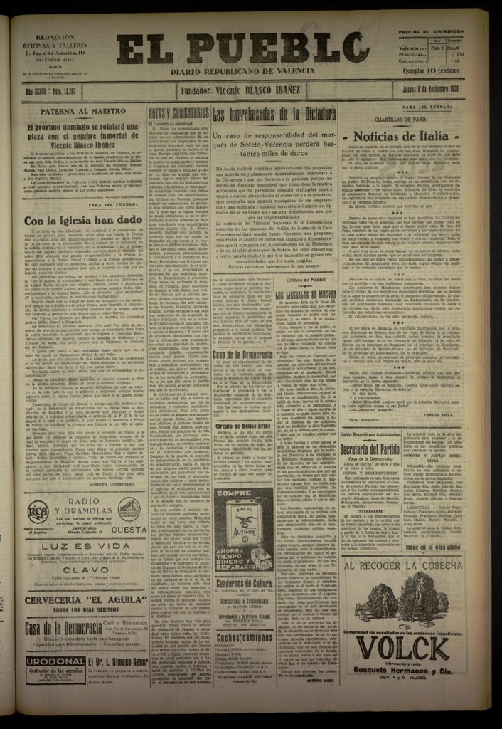 Miniatura de El Pueblo : Diario republicano de Valencia del 6 de noviembre de 1930, nº 13285