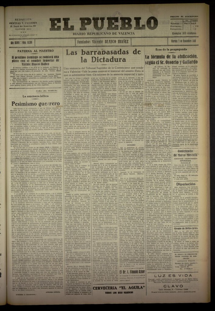 Miniatura de El Pueblo : Diario republicano de Valencia del 7 de noviembre de 1930, nº 13286