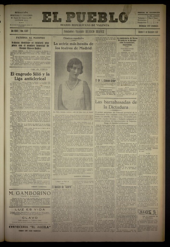 Miniatura de El Pueblo : Diario republicano de Valencia del 8 de noviembre de 1930, nº 13287