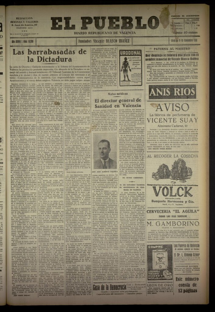 Miniatura de El Pueblo : Diario republicano de Valencia del 9 de noviembre de 1930, nº 13288