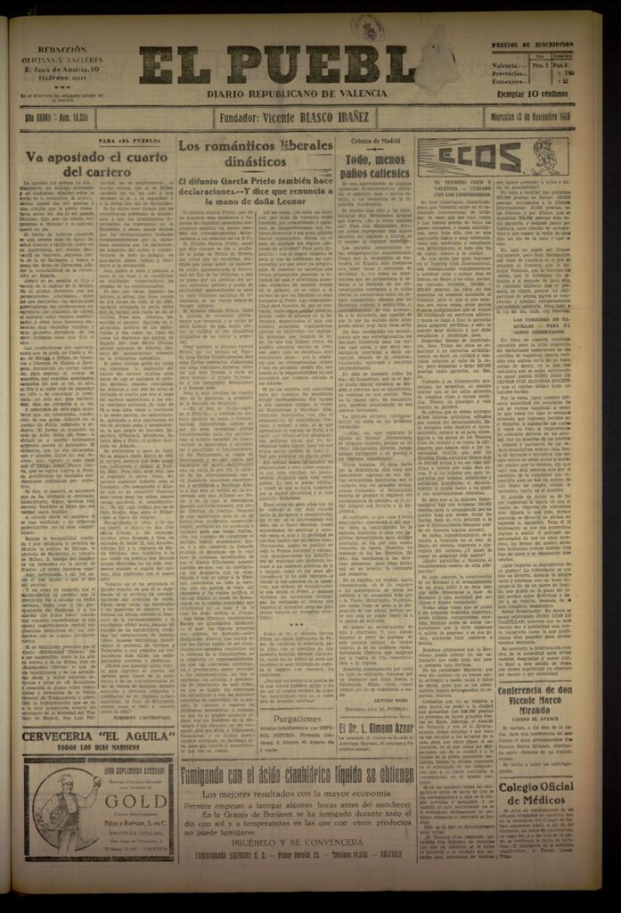 Miniatura de El Pueblo : Diario republicano de Valencia del 12 de noviembre de 1930, nº 13290