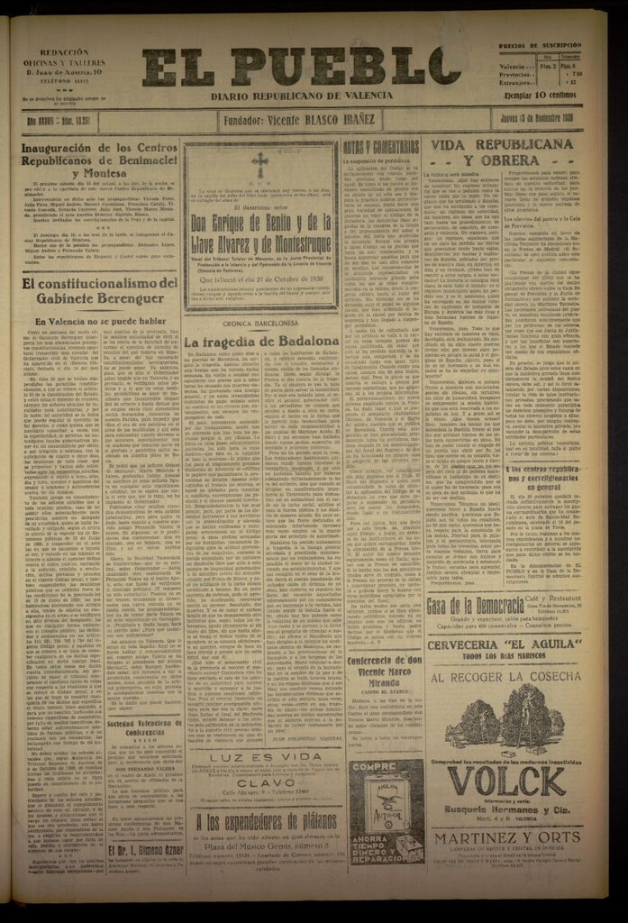 Miniatura de El Pueblo : Diario republicano de Valencia del 13 de noviembre de 1930, nº 13291