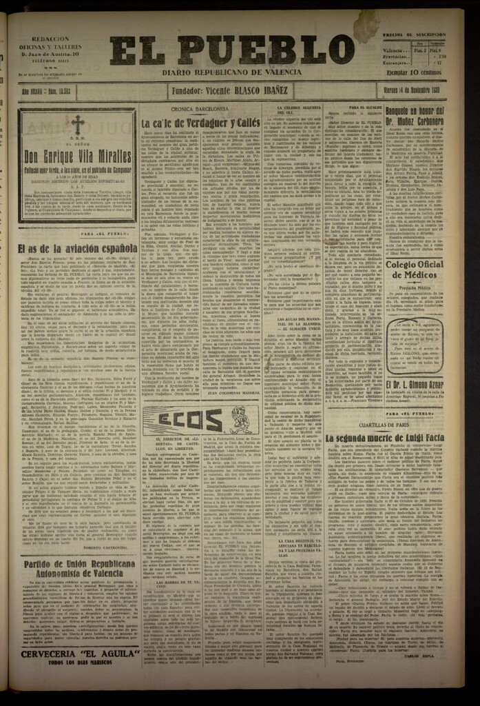 Miniatura de El Pueblo : Diario republicano de Valencia del 14 de noviembre de 1930, nº 13292