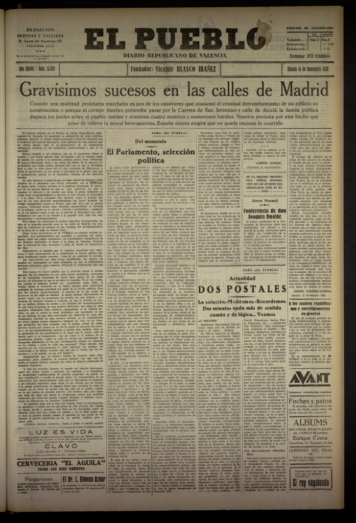Miniatura de El Pueblo : Diario republicano de Valencia del 15 de noviembre de 1930, nº 13293