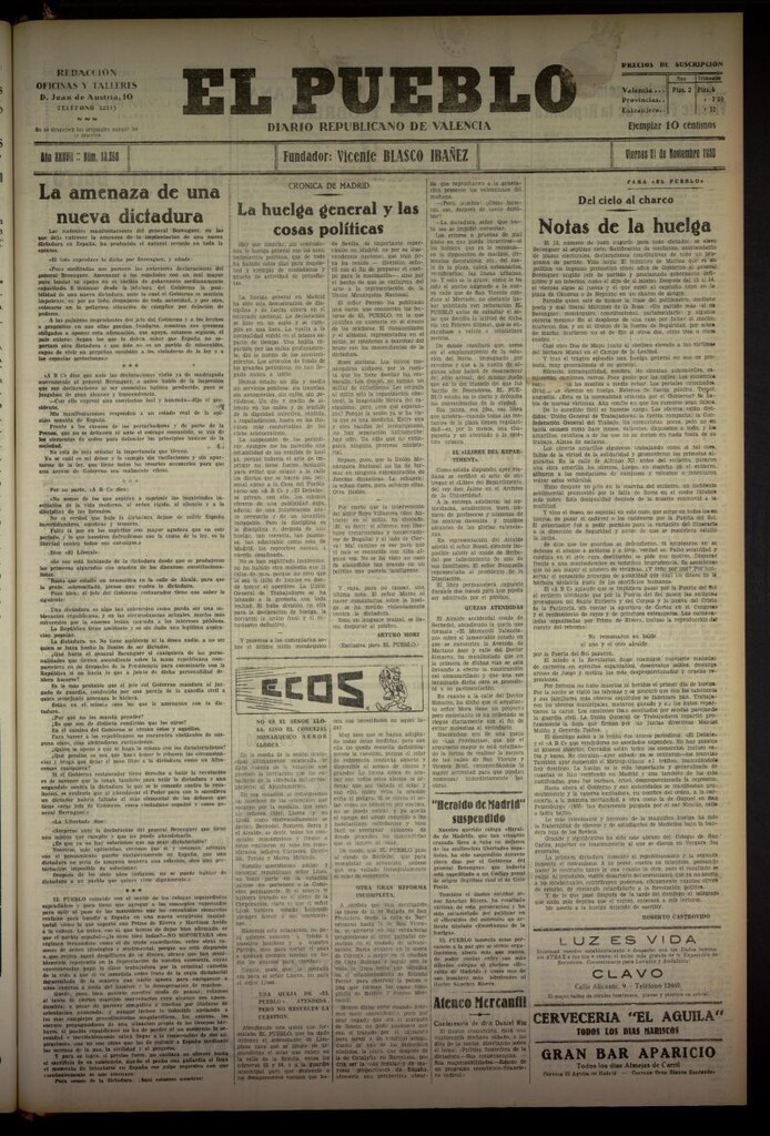 Miniatura de El Pueblo : Diario republicano de Valencia del 21 de noviembre de 1930, nº 13298