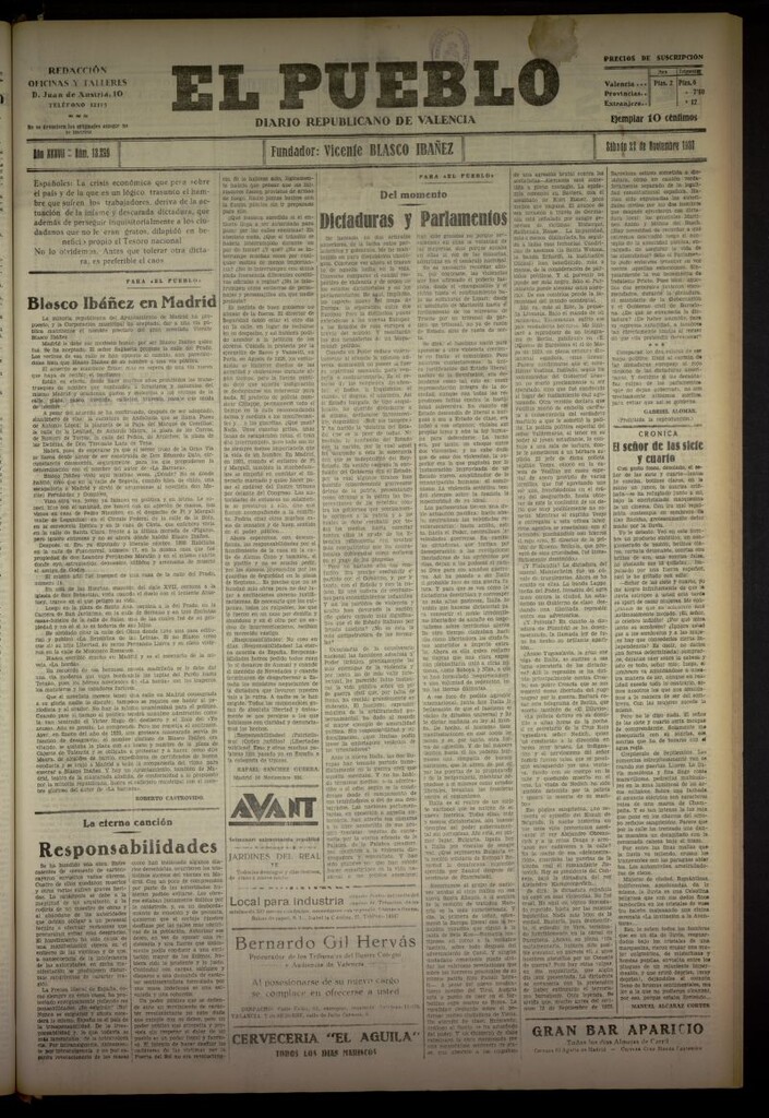 Miniatura de El Pueblo : Diario republicano de Valencia del 22 de noviembre de 1930, nº 13299