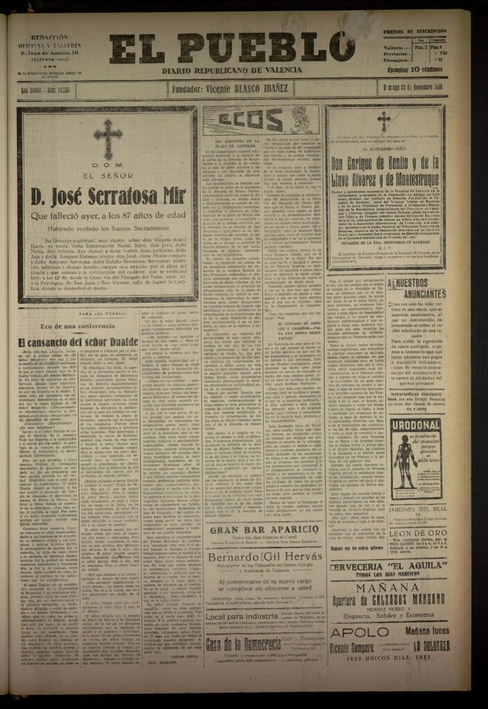 Miniatura de El Pueblo : Diario republicano de Valencia del 23 de noviembre de 1930, nº 13300