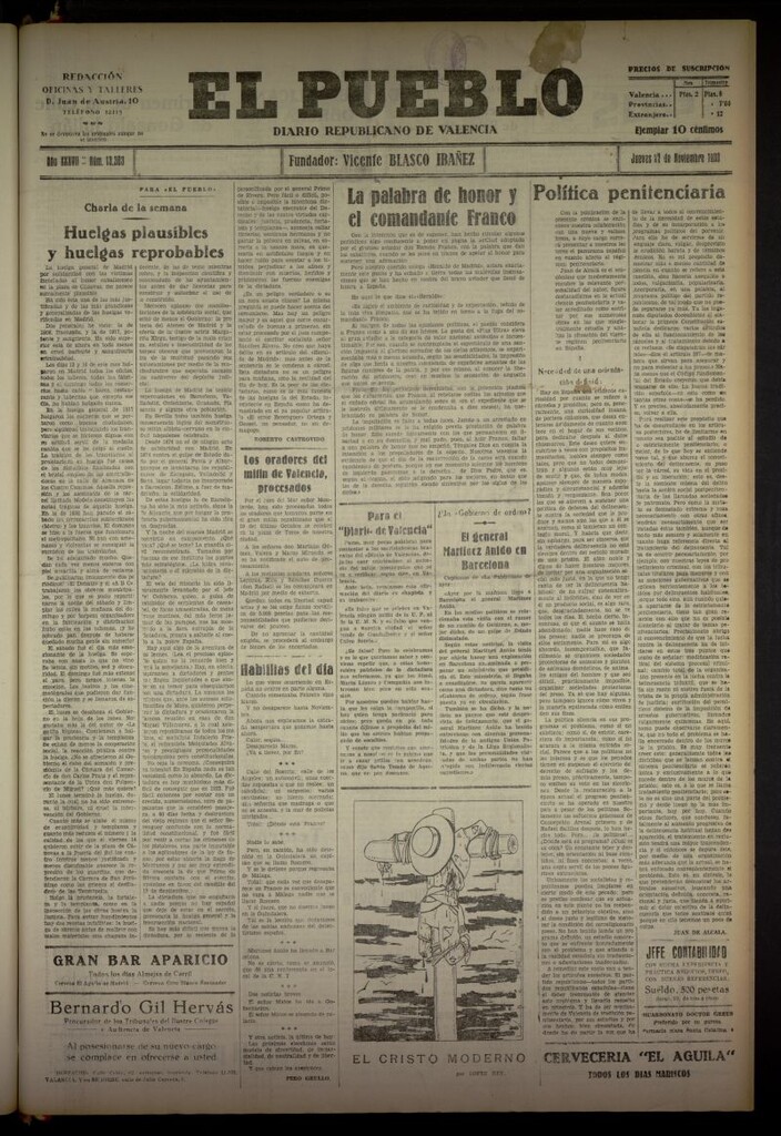 Miniatura de El Pueblo : Diario republicano de Valencia del 27 de noviembre de 1930, nº 13303