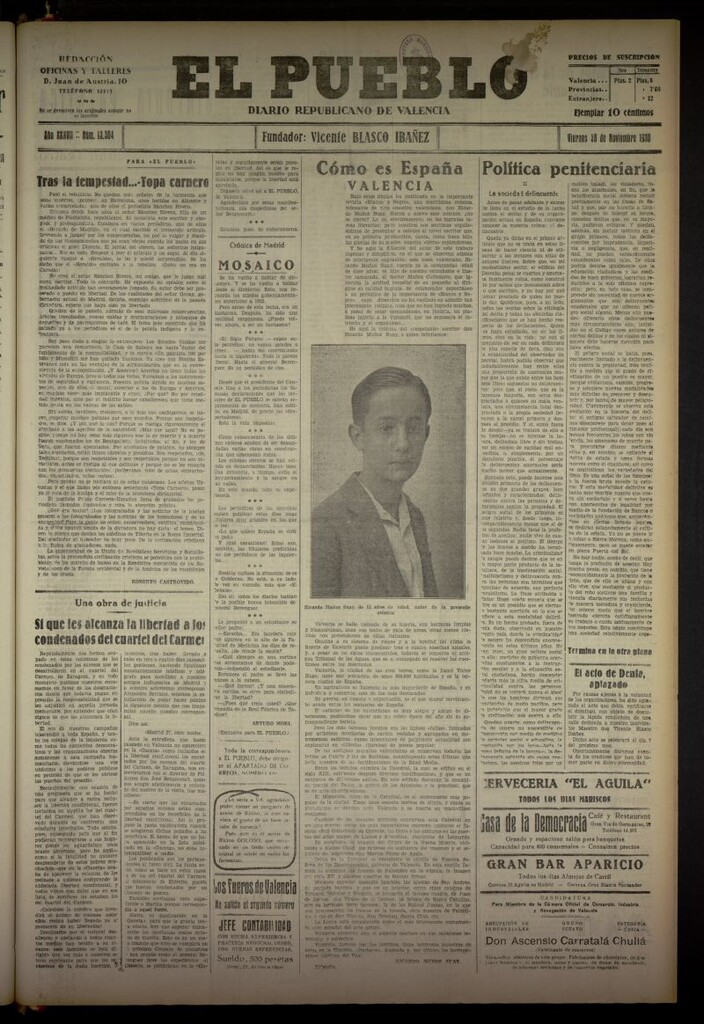Miniatura de El Pueblo : Diario republicano de Valencia del 28 de noviembre de 1930, nº 13304