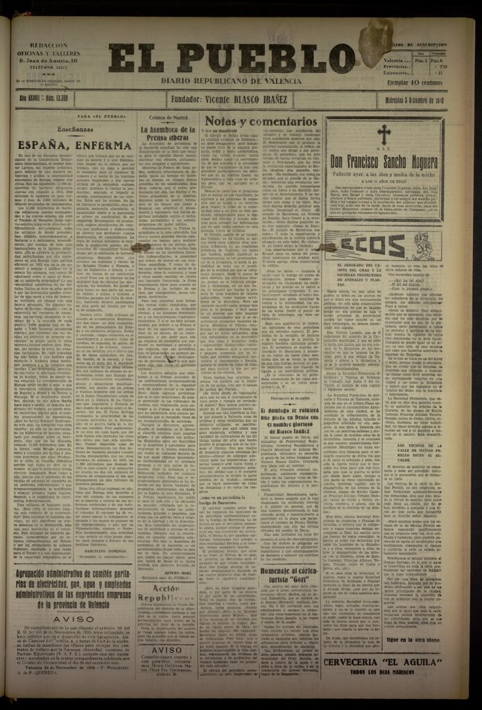 Miniatura de El Pueblo : Diario republicano de Valencia del 3 de diciembre de 1930, nº 13308