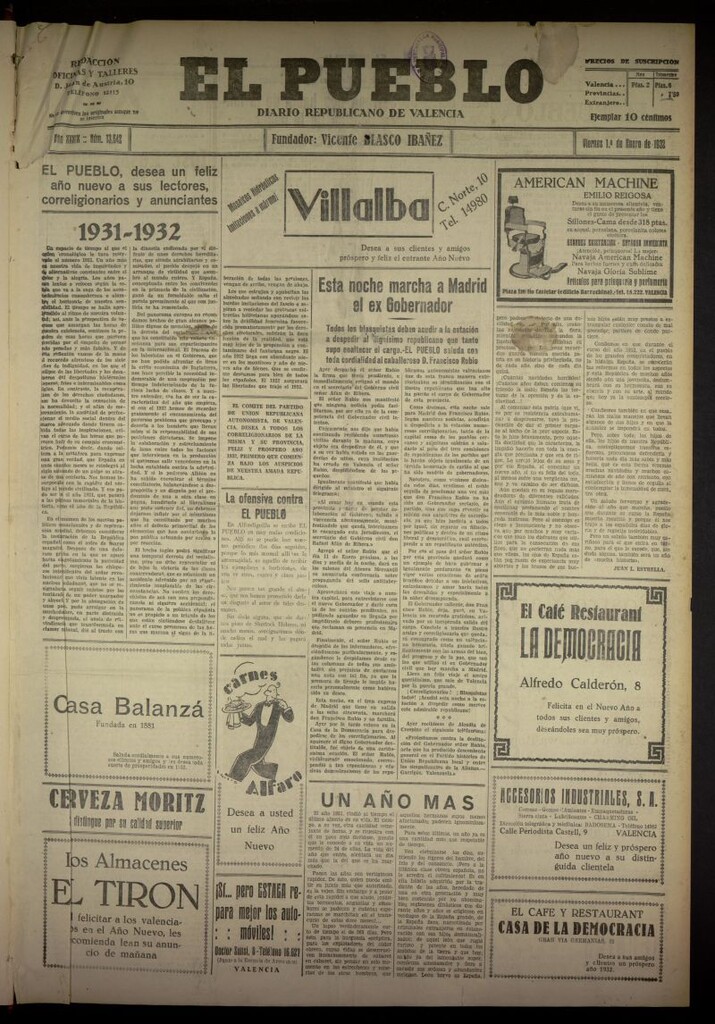 Miniatura de El Pueblo : Diario republicano de Valencia del 1 de enero de 1932, nº 13642