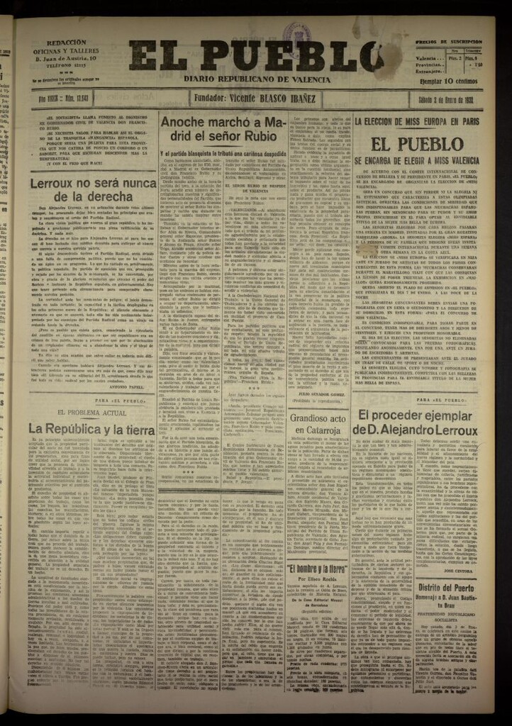Miniatura de El Pueblo : Diario republicano de Valencia del 2 de enero de 1932, nº 13643
