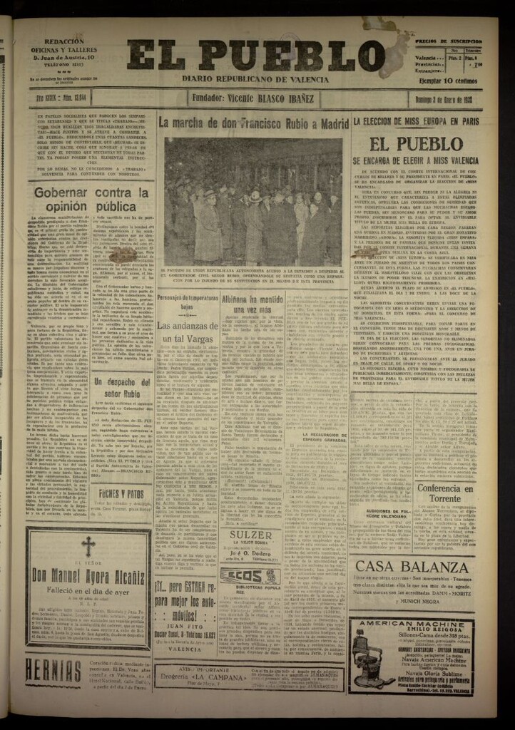Miniatura de El Pueblo : Diario republicano de Valencia del 3 de enero de 1932, nº 13644