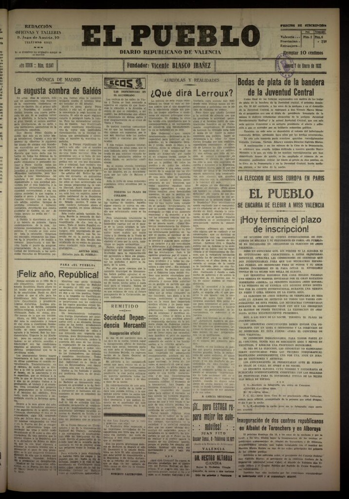 Miniatura de El Pueblo : Diario republicano de Valencia del 7 de enero de 1932, nº 13647