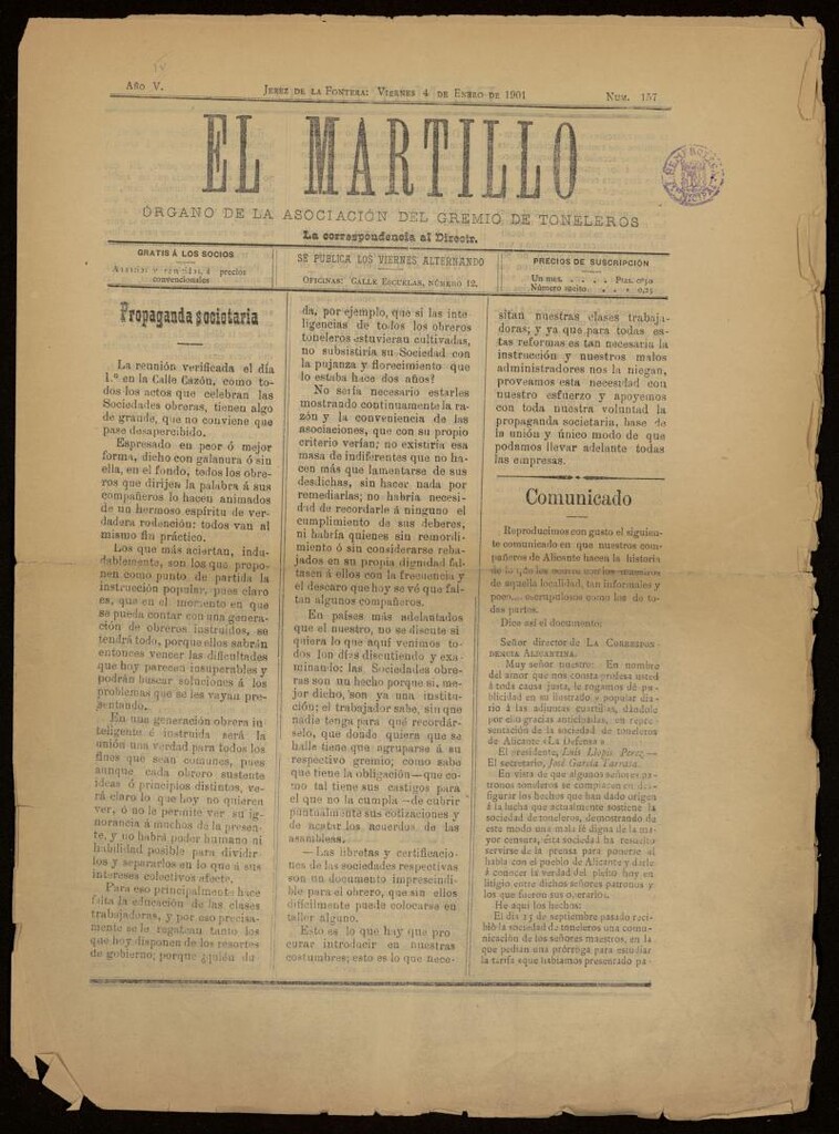 Miniatura de El Martillo: órgano de la Asociación del Gremio de Toneleros