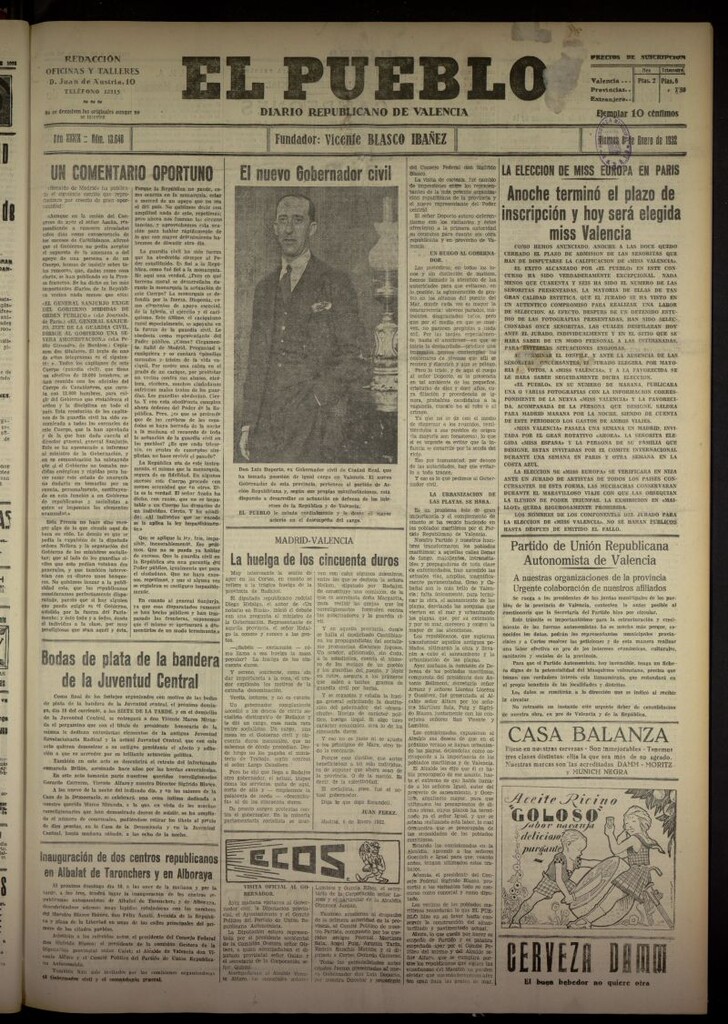 Miniatura de El Pueblo : Diario republicano de Valencia del 8 de enero de 1932, nº 13648
