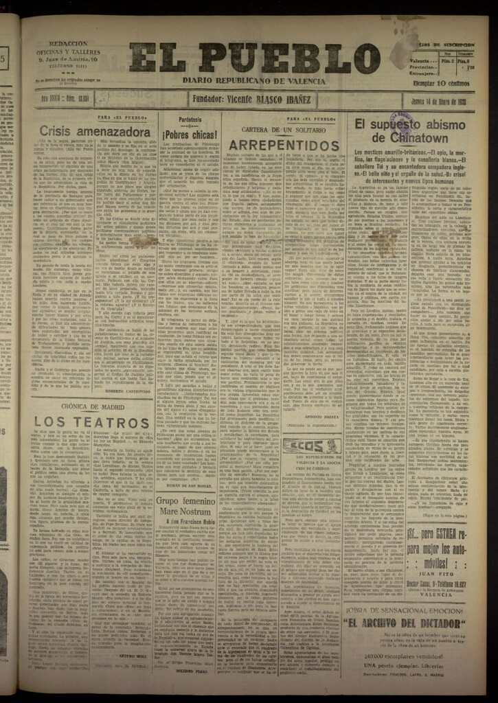 Miniatura de El Pueblo : Diario republicano de Valencia del 14 de enero de 1932, nº 13651 [sic]