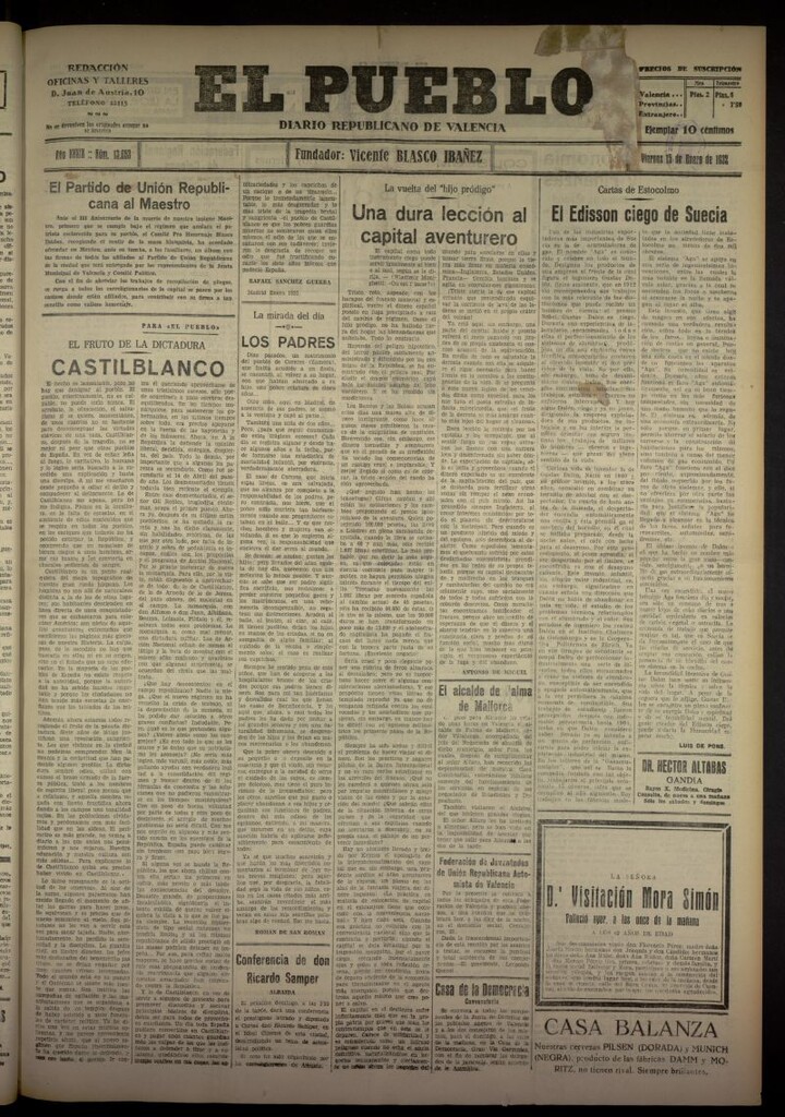 Miniatura de El Pueblo : Diario republicano de Valencia del 15 de enero de 1932, nº 13653