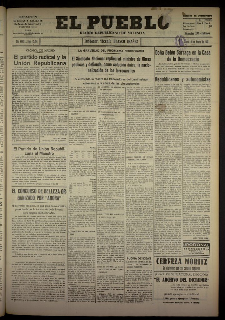 Miniatura de El Pueblo : Diario republicano de Valencia del 16 de enero de 1932, nº 13654