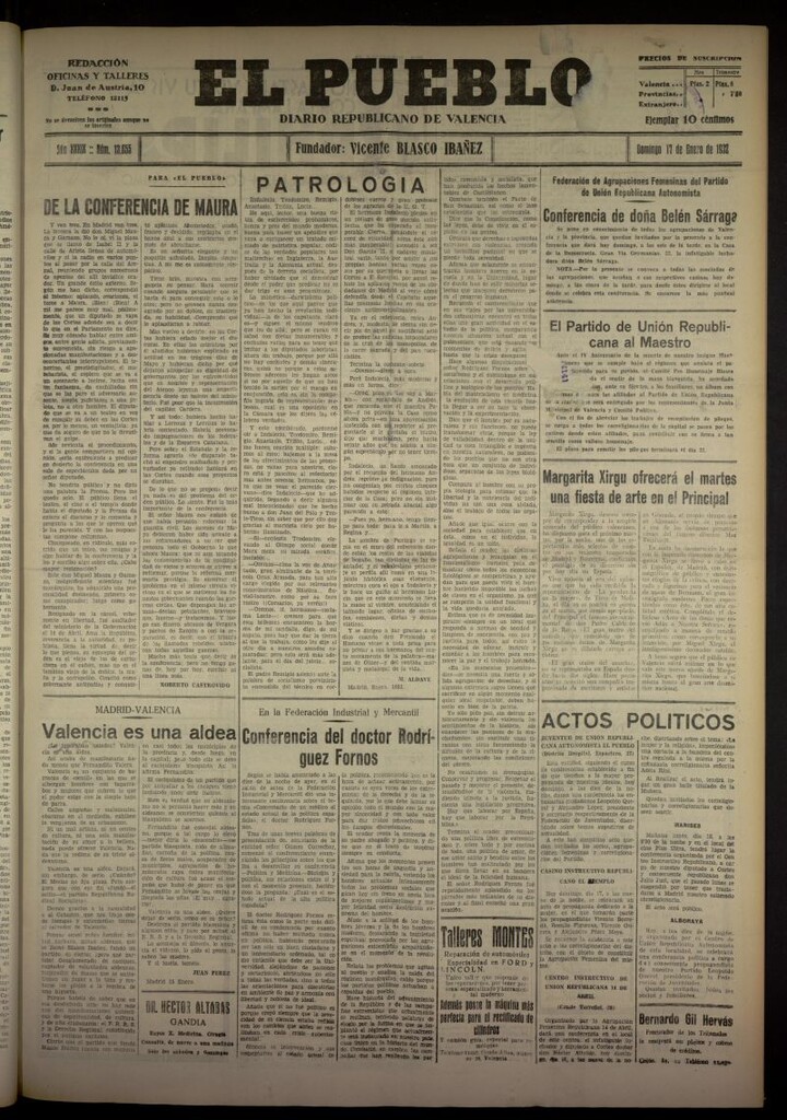 Miniatura de El Pueblo : Diario republicano de Valencia del 17 de enero de 1932, nº 13655