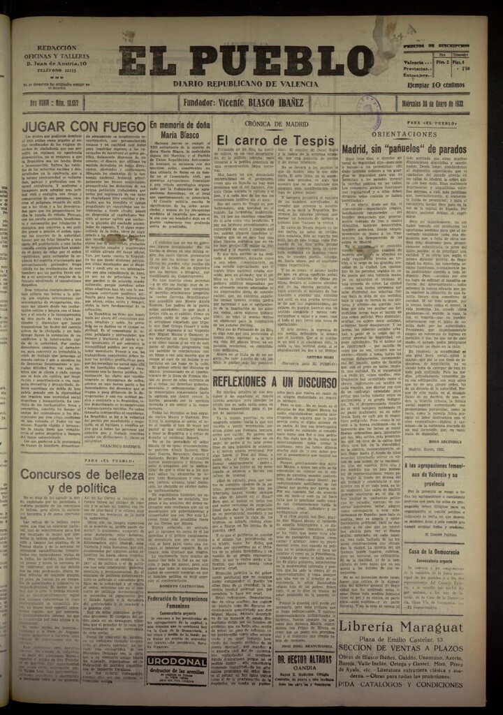 Miniatura de El Pueblo : Diario republicano de Valencia del 20 de enero de 1932, nº 13657