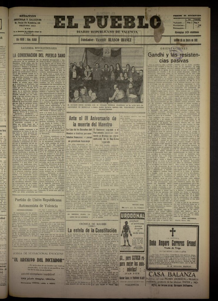 Miniatura de El Pueblo : Diario republicano de Valencia del 23 de enero de 1932, nº 13660
