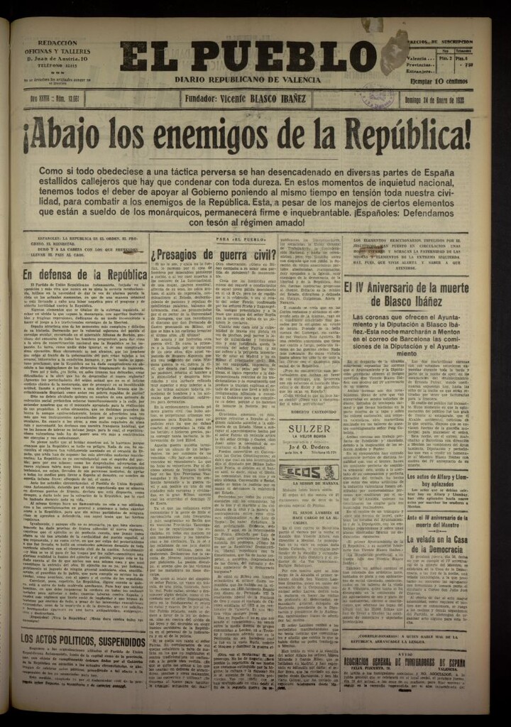 Miniatura de El Pueblo : Diario republicano de Valencia del 24 de enero de 1932, nº 13661