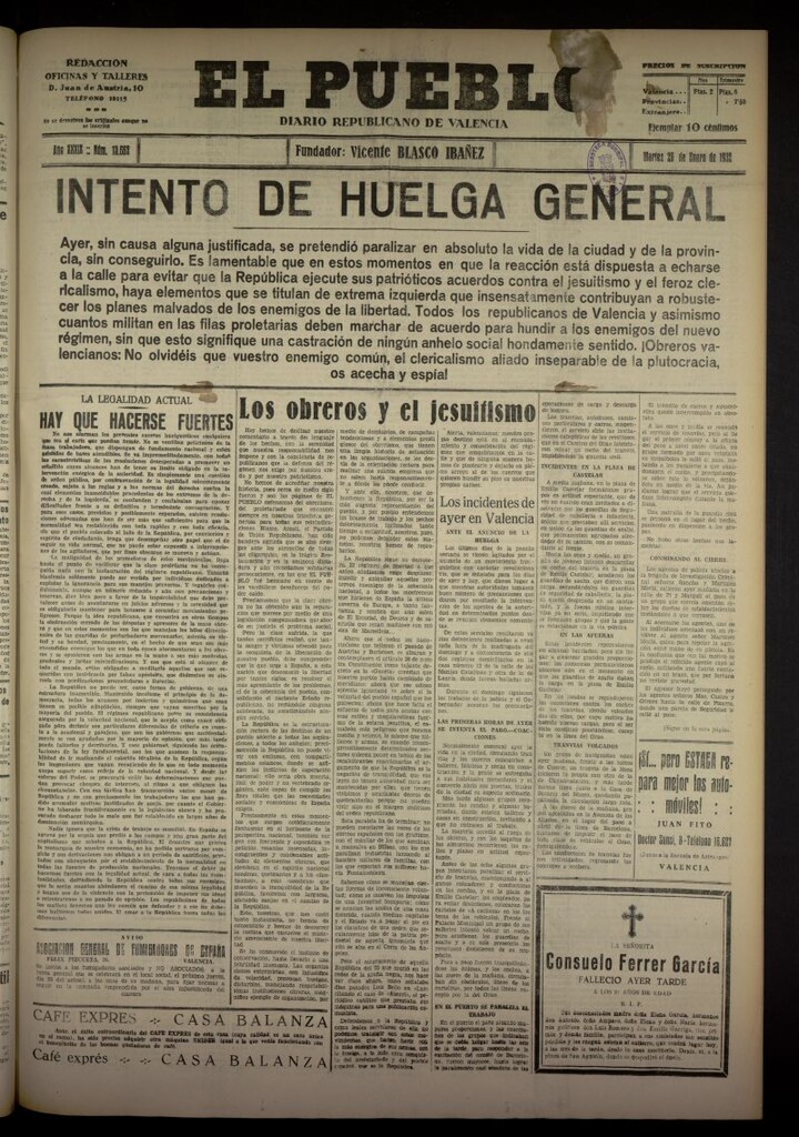 Miniatura de El Pueblo : Diario republicano de Valencia del 26 de enero de 1932, nº 13662