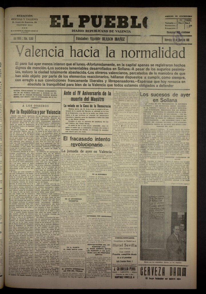Miniatura de El Pueblo : Diario republicano de Valencia del 27 de enero de 1932, nº 13663