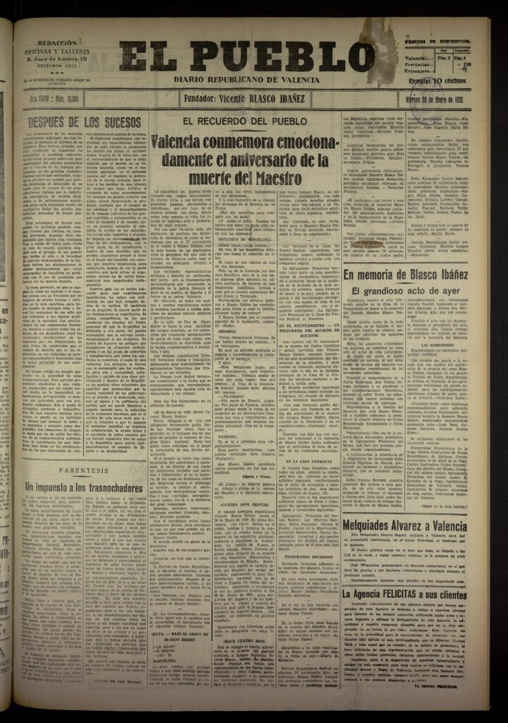 Miniatura de El Pueblo : Diario republicano de Valencia del 29 de enero de 1932, nº 13665