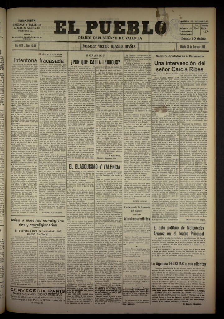 Miniatura de El Pueblo : Diario republicano de Valencia del 30 de enero de 1932, nº 13666