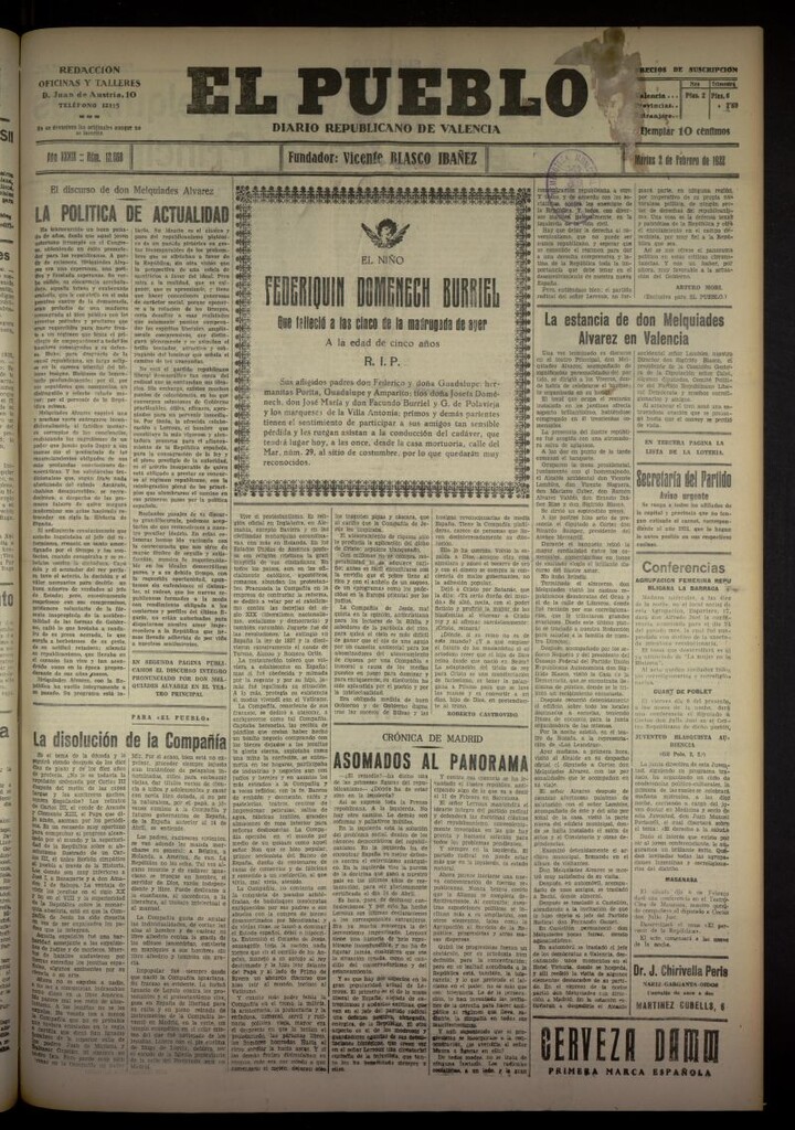Miniatura de El Pueblo : Diario republicano de Valencia del 2 de febrero de 1932, nº 13668