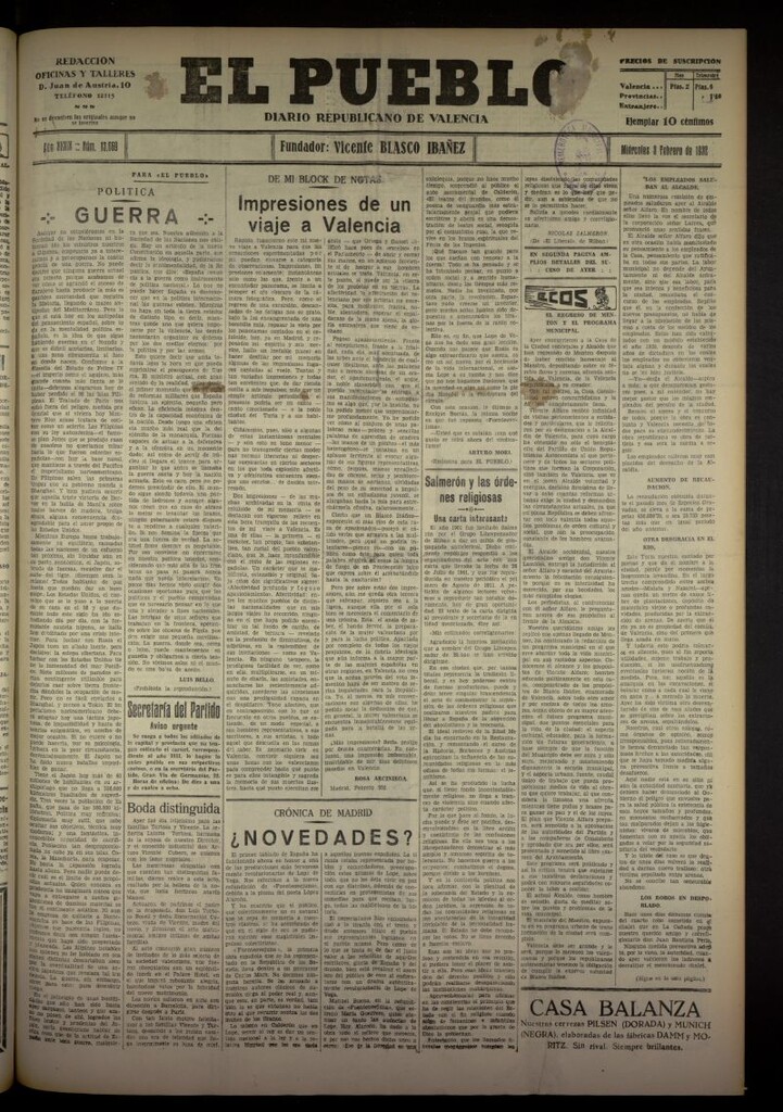 Miniatura de El Pueblo : Diario republicano de Valencia del 3 de febrero de 1932, nº 13669
