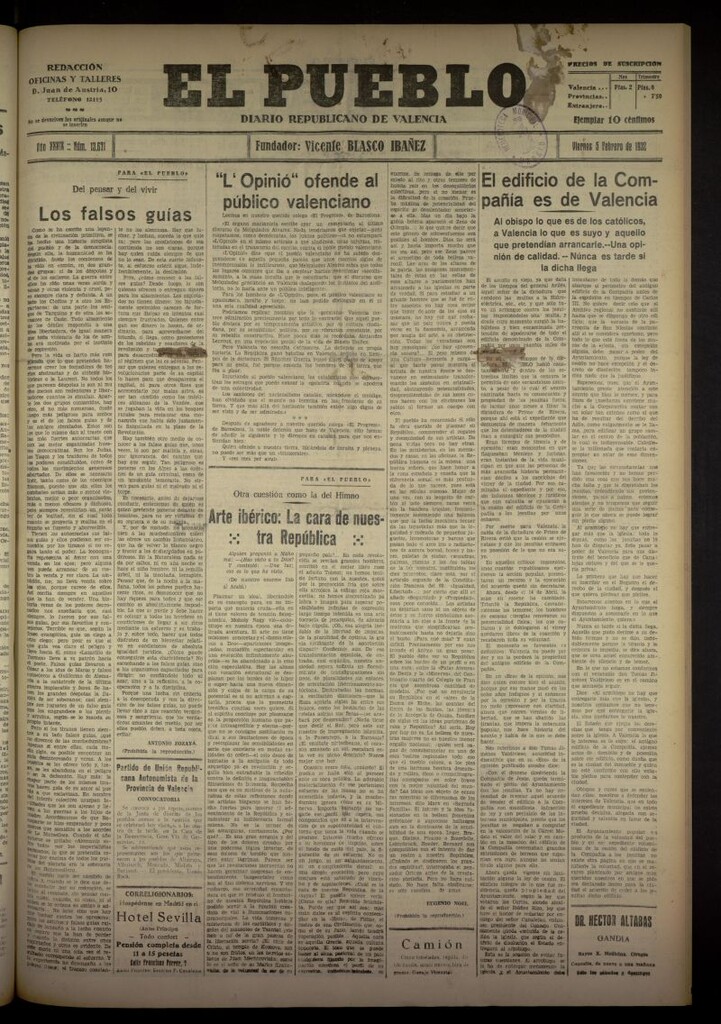 Miniatura de El Pueblo : Diario republicano de Valencia del 5 de febrero de 1932, nº 13671