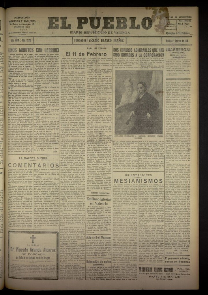 Miniatura de El Pueblo : Diario republicano de Valencia del 7 de febrero de 1932, nº 13673