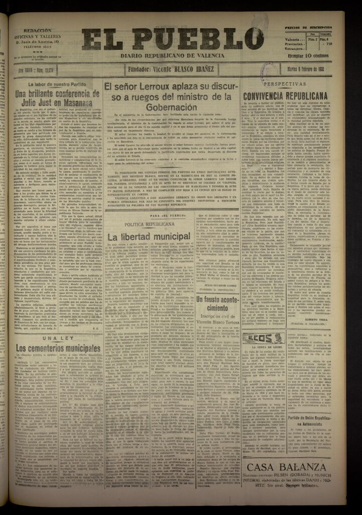 Miniatura de El Pueblo : Diario republicano de Valencia del 9 de febrero de 1932, nº 13674