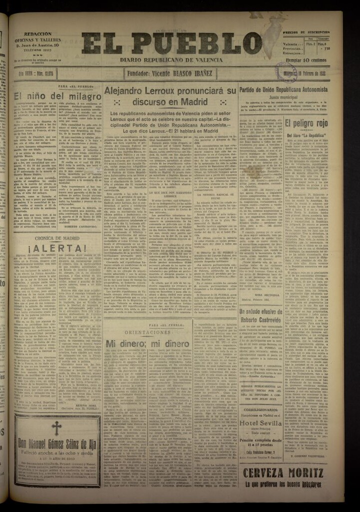 Miniatura de El Pueblo : Diario republicano de Valencia del 10 de febrero de 1932, nº 13675