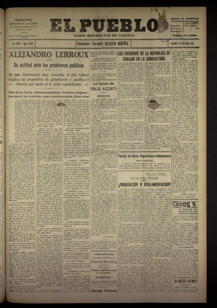 Miniatura de El Pueblo : Diario republicano de Valencia del 12 de febrero de 1932, nº 13677