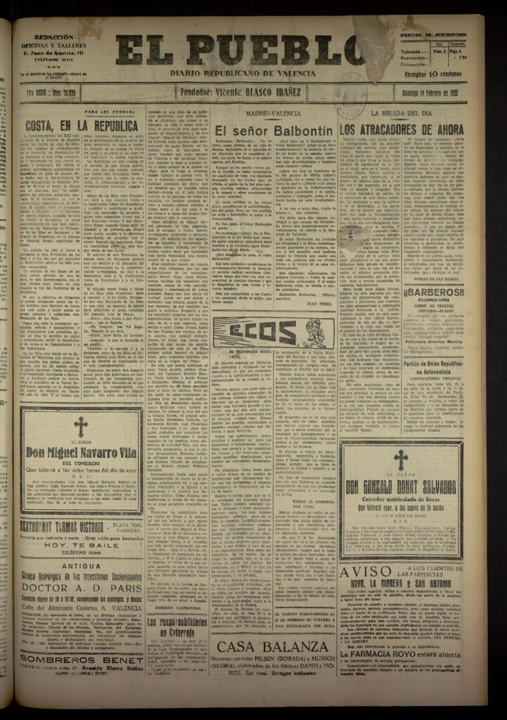 Miniatura de El Pueblo : Diario republicano de Valencia del 14 de febrero de 1932, nº 13679